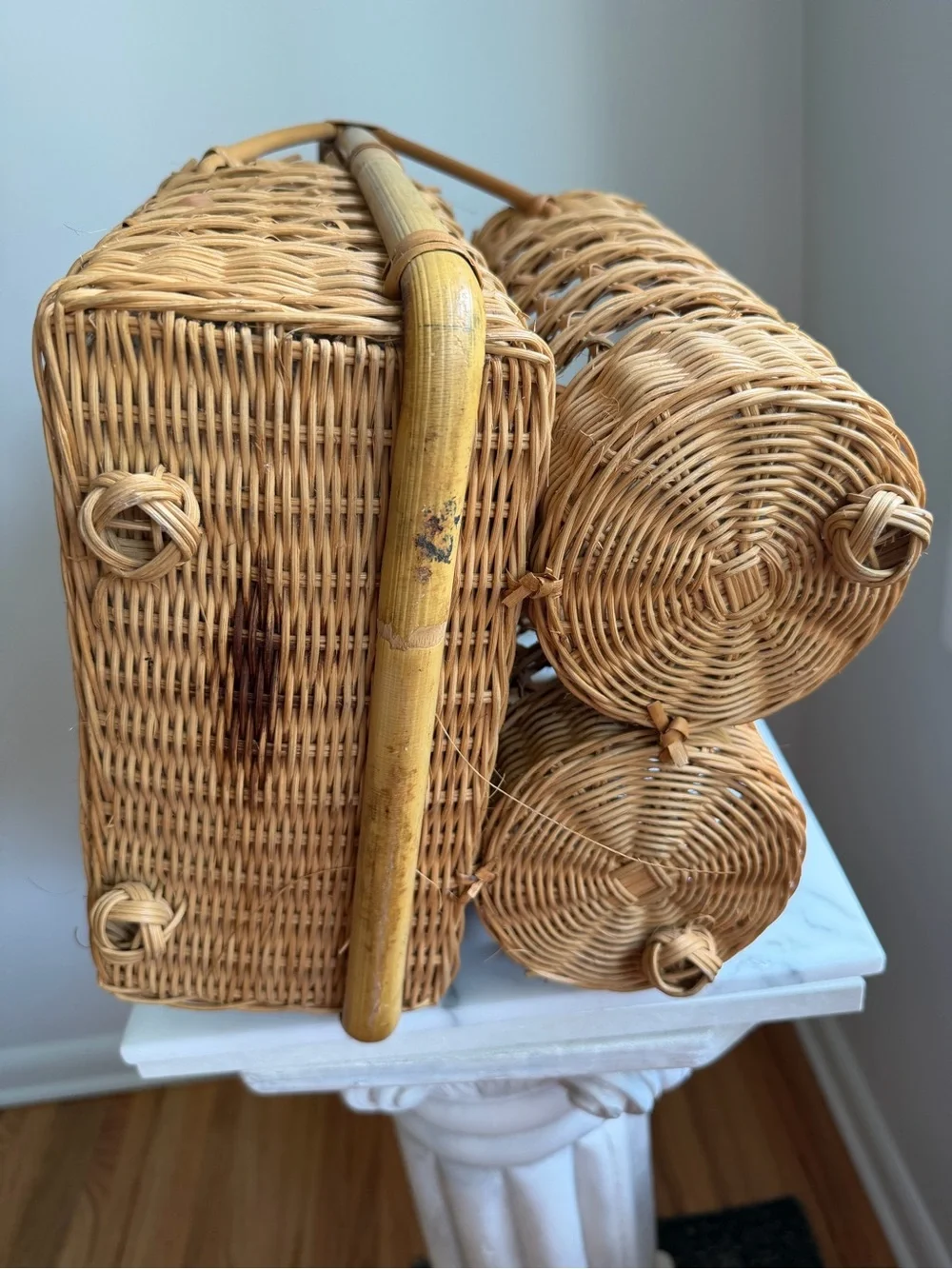 Vintage Woven Rattan Double Bottle Carrier in Natural Brown